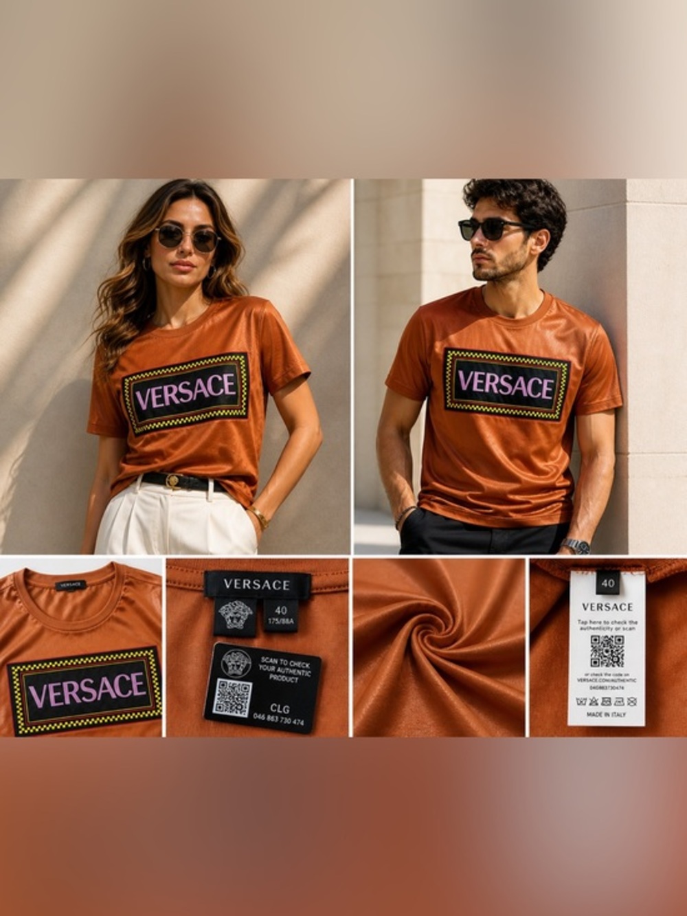 Unisex Versace Orange Short-Sleeve Logo Tee Black Patch Size 40 Fits - Picture 9 of 11